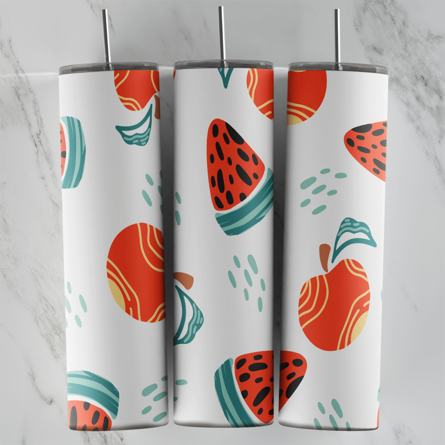 A fruit tumbler wrap with painted red apples, watermelon slices and small teal leaves and dots on a white background. Sublimation design