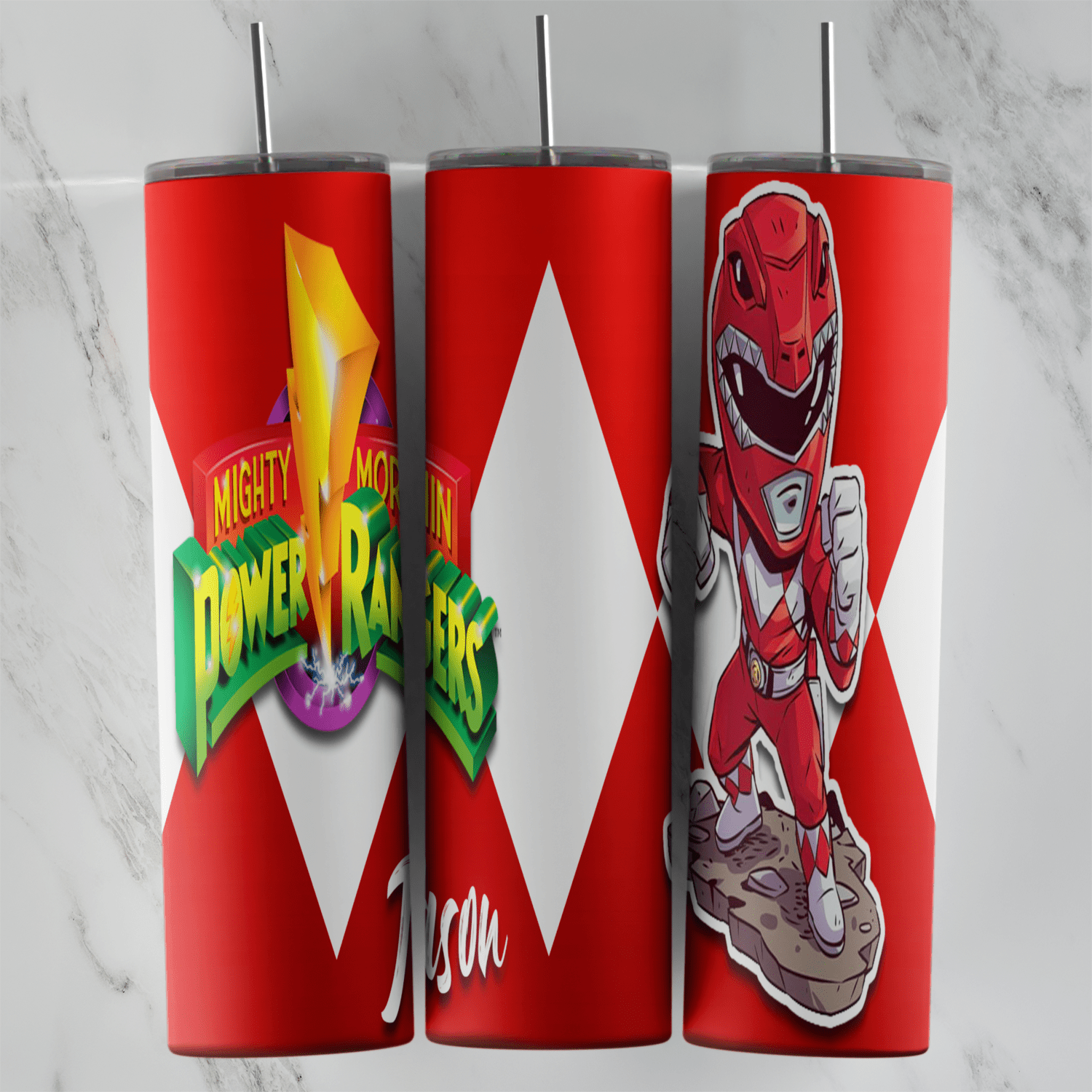 A red and white 20 oz tumbler wrap with the Mighty Morphin Power Rangers logo, white diamonds, a cartoon Red Ranger on a rock. Sublimation design