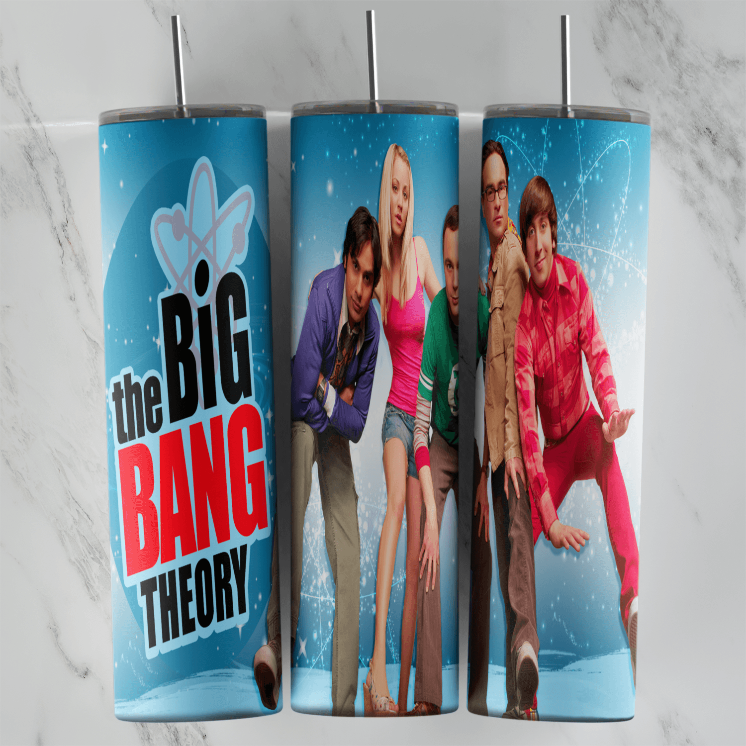 A full 20 oz skinny tumbler wrap with The Big Bang Theory logo and the cast posing together on a bright blue background. Sublimation design