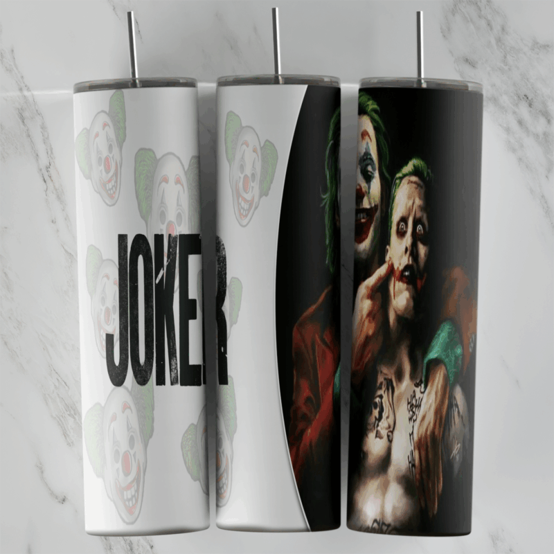 A Joker tumbler wrap: bold JOKER lettering and faded clown faces on white, with the Joker and Harley Quinn together on a dark. Sublimation design