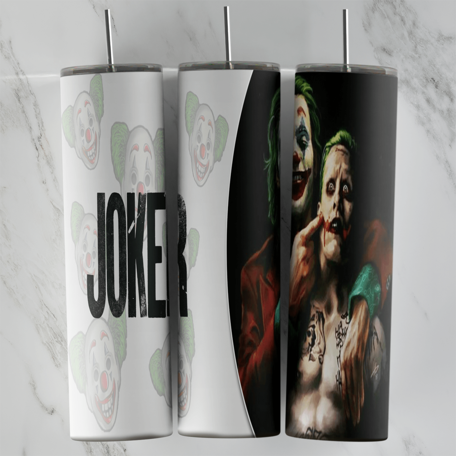 A Joker tumbler wrap: bold JOKER lettering and faded clown faces on white, with the Joker and Harley Quinn together on a dark. Sublimation design