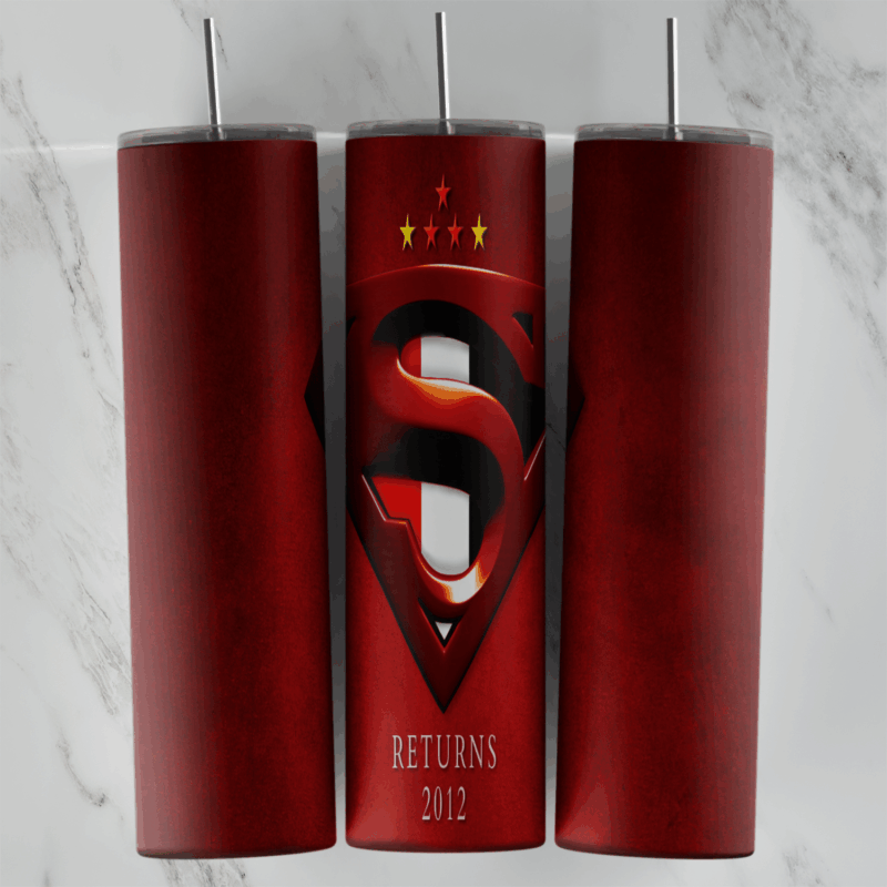 A full 20 oz skinny tumbler wrap on textured dark red with a metallic Superman S emblem, small stars and Returns lettering. Sublimation design