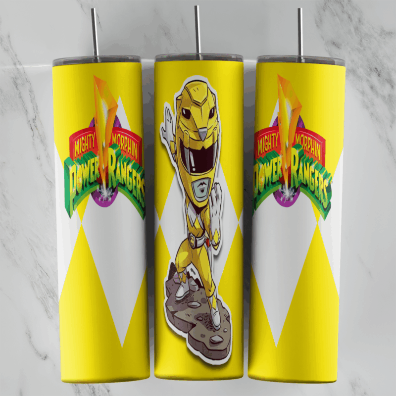 A yellow and white 20 oz tumbler wrap with the Mighty Morphin Power Rangers logo, white diamond shapes and a cartoon Yellow. Sublimation design