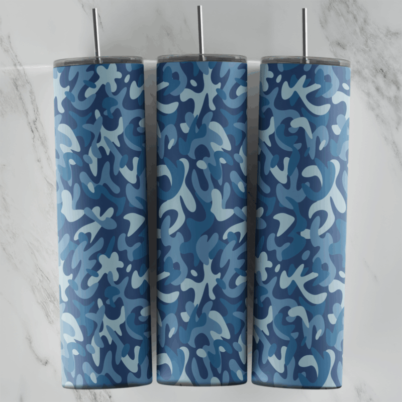 A blue camo tumbler wrap with a swirling pattern of navy, steel blue and light blue shapes in a dense, even camouflage. Sublimation design