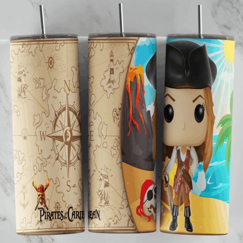 A Pirates of the Caribbean tumbler wrap: an old treasure map background with a compass rose and the Pirates of the Caribbean. Sublimation design