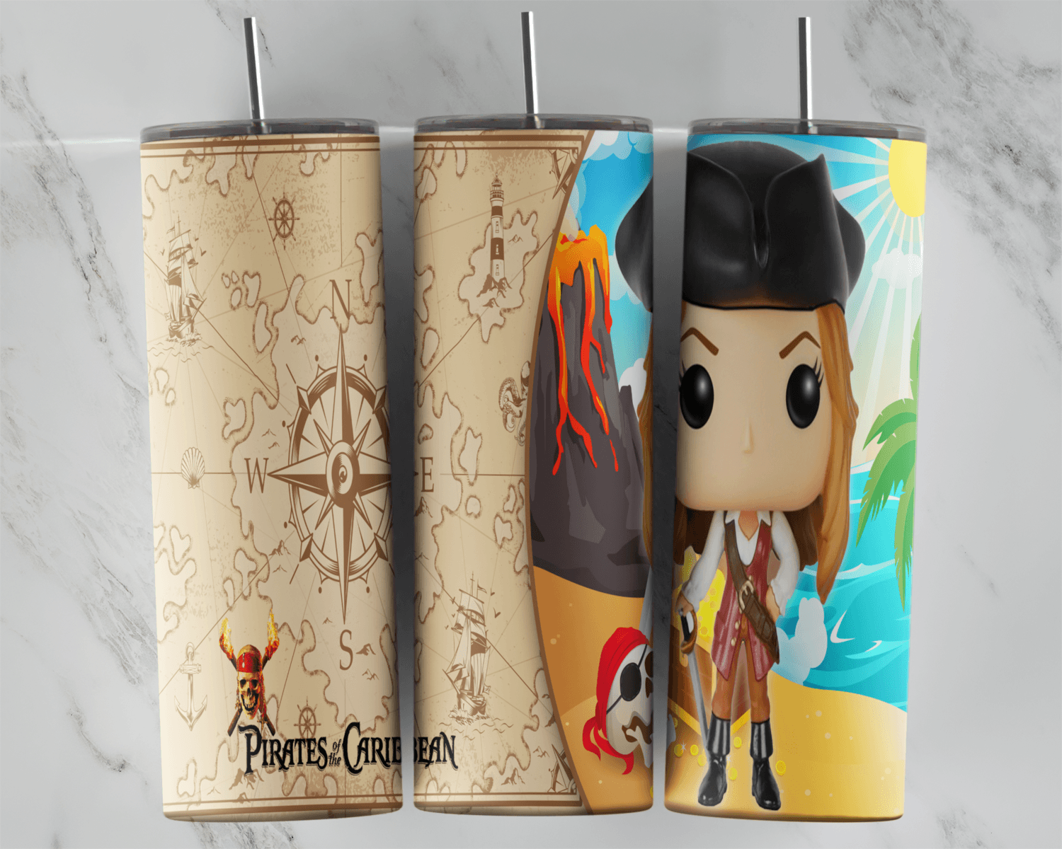 A Pirates of the Caribbean tumbler wrap: an old treasure map background with a compass rose and the Pirates of the Caribbean. Sublimation design