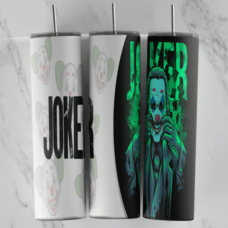 A Joker tumbler wrap with JOKER lettering on white and the Joker in teal and green glowing tones under large green JOKER letters. Sublimation design