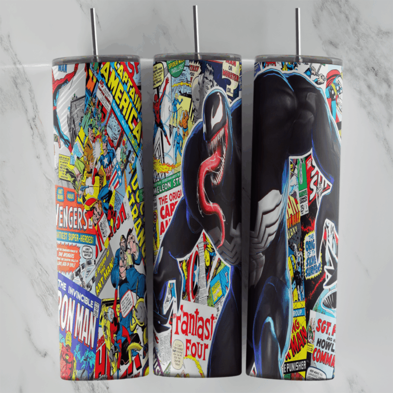 A Venom tumbler wrap with Venom over a collage of colorful vintage comic book covers, including Fantastic Four and Iron Man. Sublimation design