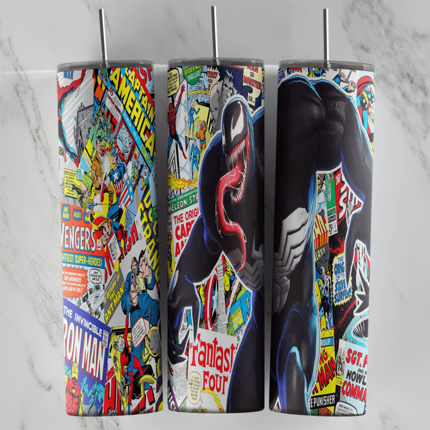 A Venom tumbler wrap with Venom over a collage of colorful vintage comic book covers, including Fantastic Four and Iron Man. Sublimation design