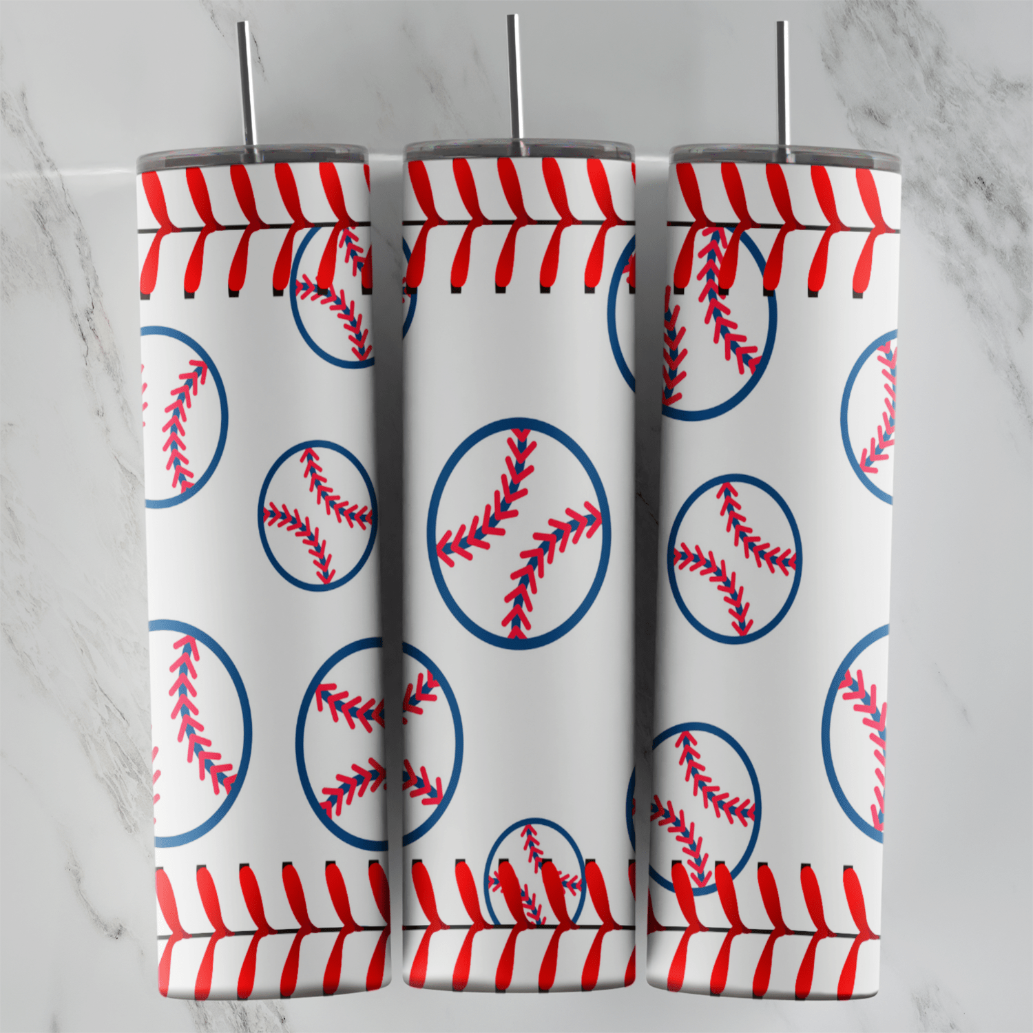 A 20 oz skinny tumbler wrap with navy outlined baseballs on white, framed by rows of red baseball stitching at the top and bottom. Sublimation design