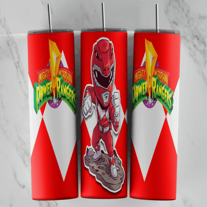 A red and white 20 oz tumbler wrap with white diamond shapes, the Mighty Morphin Power Rangers logo on both sides and a cartoon. Sublimation design