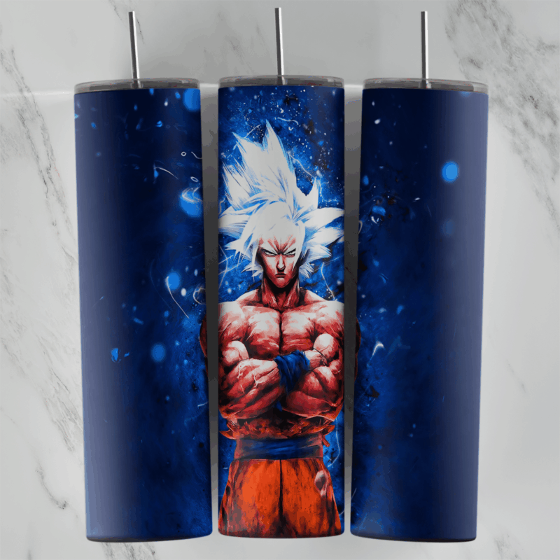 A full 20 oz skinny tumbler wrap with Goku in Ultra Instinct form, silver hair and arms crossed, on a dark blue background. Sublimation design