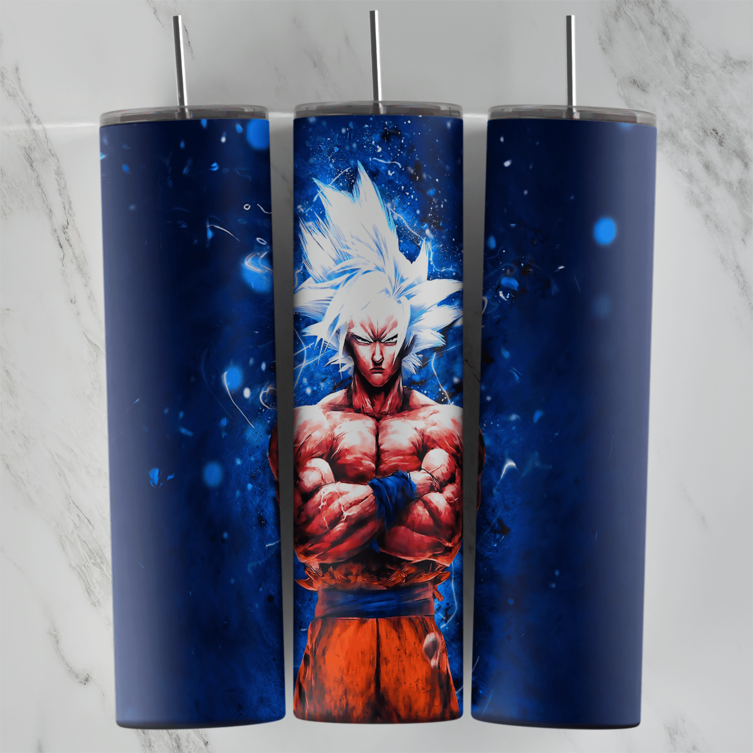 A full 20 oz skinny tumbler wrap with Goku in Ultra Instinct form, silver hair and arms crossed, on a dark blue background. Sublimation design
