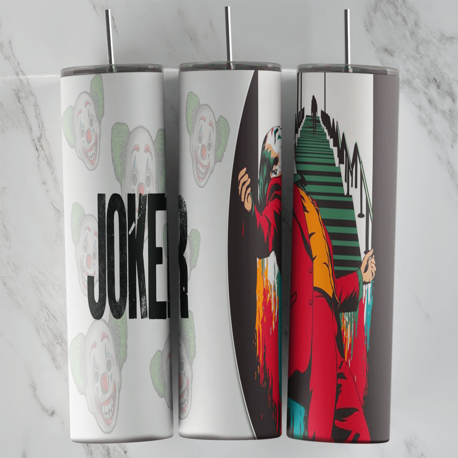 A Joker tumbler wrap with JOKER lettering on white and the Joker in a red suit dancing on a long outdoor staircase. Sublimation design