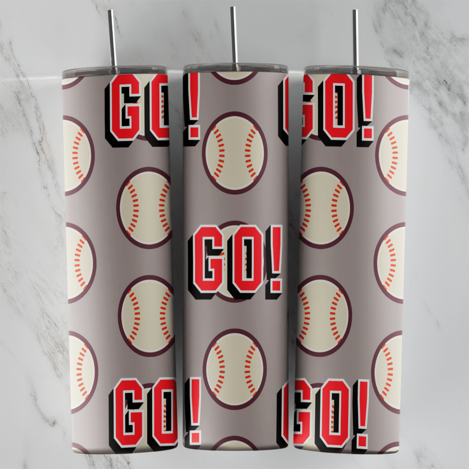 A 20 oz skinny tumbler wrap with a pattern of baseballs and red and black GO lettering on a light gray background. Sublimation design