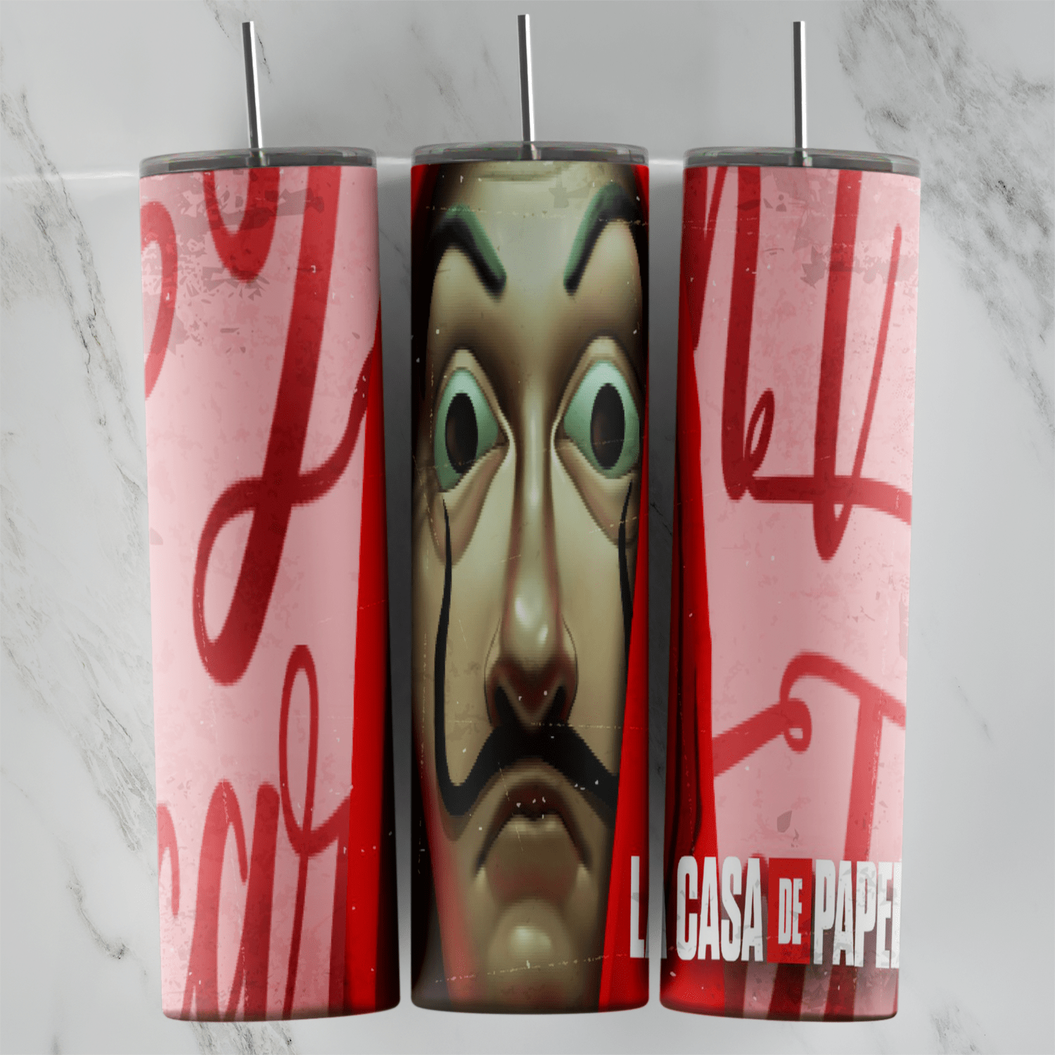 A full 20 oz skinny tumbler wrap with a Dali mask from La Casa de Papel in the center, pink and red side panels and La Casa de. Sublimation design