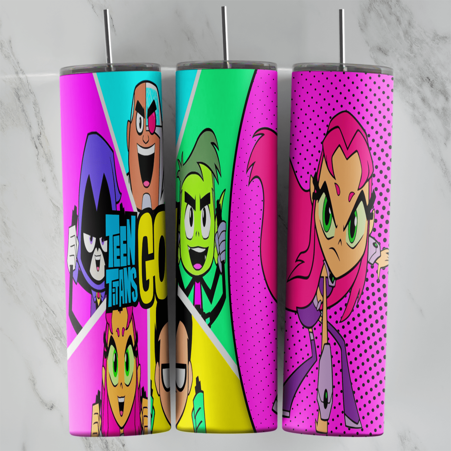 A full 20 oz skinny tumbler wrap with Teen Titans Go comic panels: Raven, Cyborg, Robin and Beast Boy around the show logo. Sublimation design