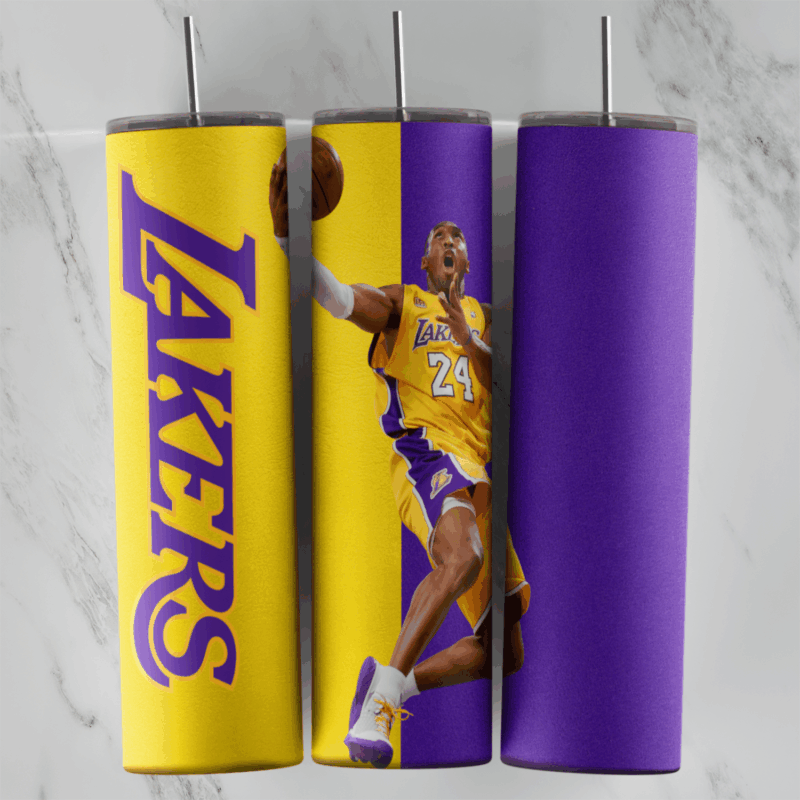 A purple and gold Lakers tumbler wrap with the Lakers wordmark on yellow and a player in the number 24 jersey leaping for a dunk. Sublimation design