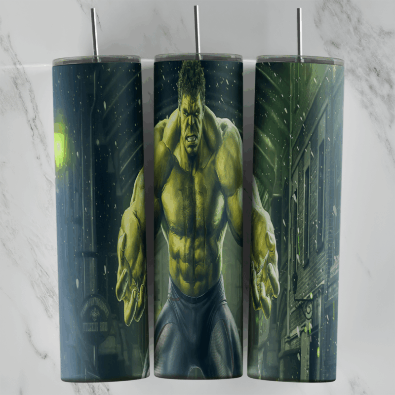 A 20 oz skinny tumbler wrap with a realistic Hulk standing in a dark, rainy city alley in blue and green tones. Sublimation design