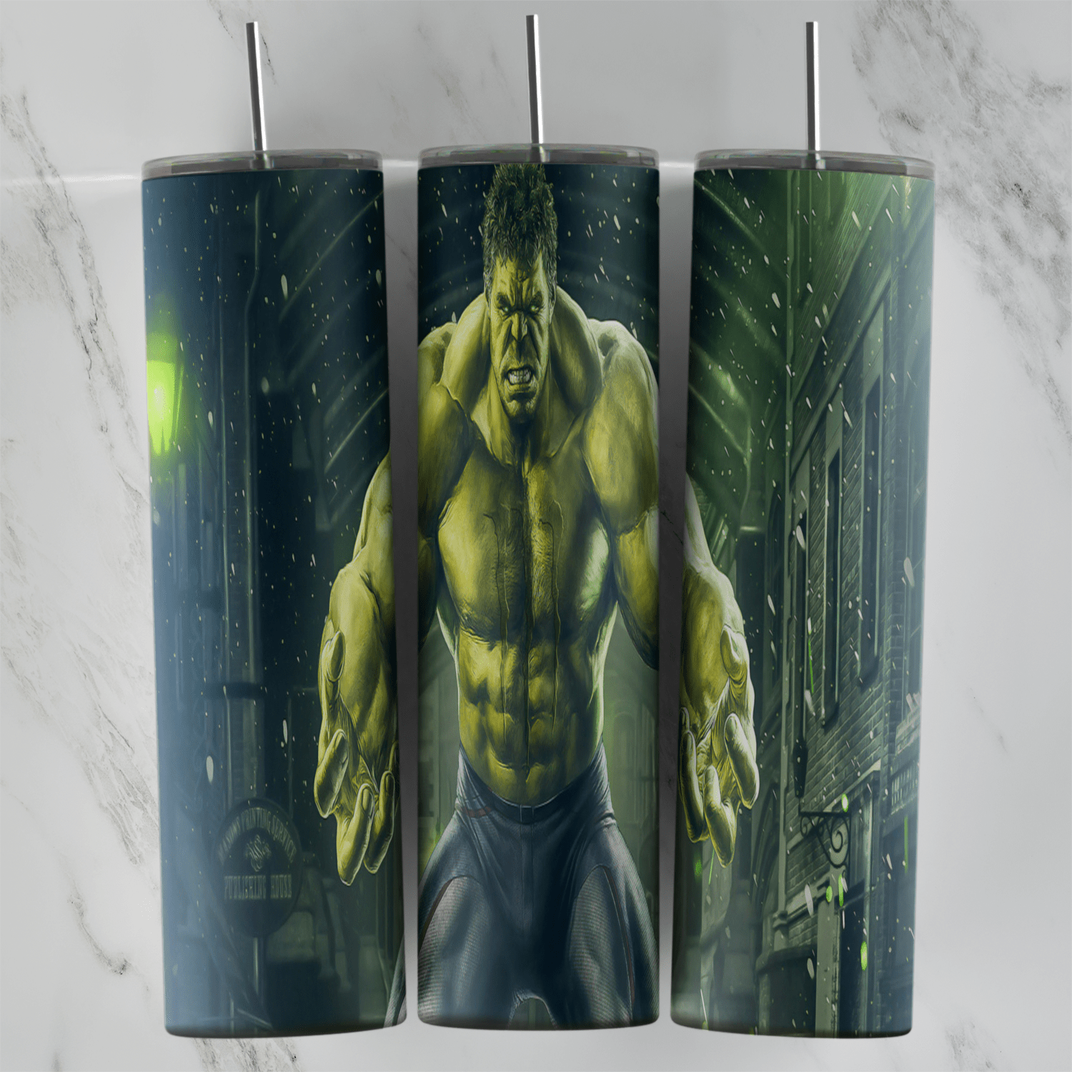A 20 oz skinny tumbler wrap with a realistic Hulk standing in a dark, rainy city alley in blue and green tones. Sublimation design