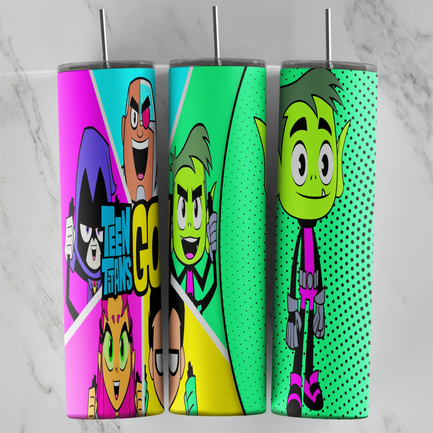 A full 20 oz skinny tumbler wrap with Teen Titans Go characters: Raven, Cyborg, Robin, Starfire and a large Beast Boy, over. Sublimation design