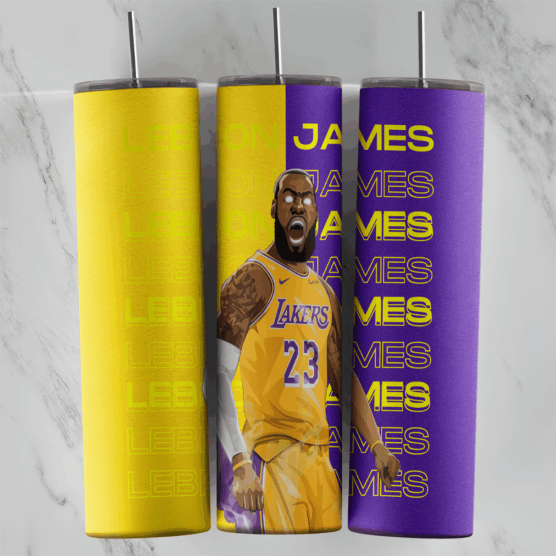A yellow and purple tumbler wrap with LeBron James in his Lakers number 23 jersey over repeated LEBRON and JAMES lettering. Sublimation design