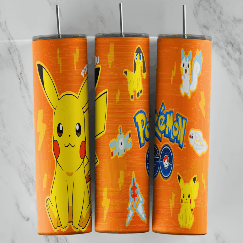 A 20 oz skinny tumbler wrap on orange: a large sitting Pikachu, smaller Pikachu and Pokemon doodles, lightning bolts. Sublimation design