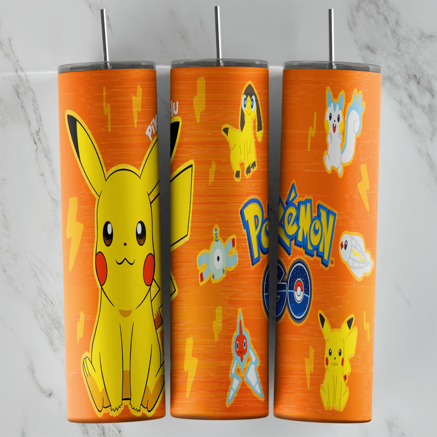 A 20 oz skinny tumbler wrap on orange: a large sitting Pikachu, smaller Pikachu and Pokemon doodles, lightning bolts. Sublimation design