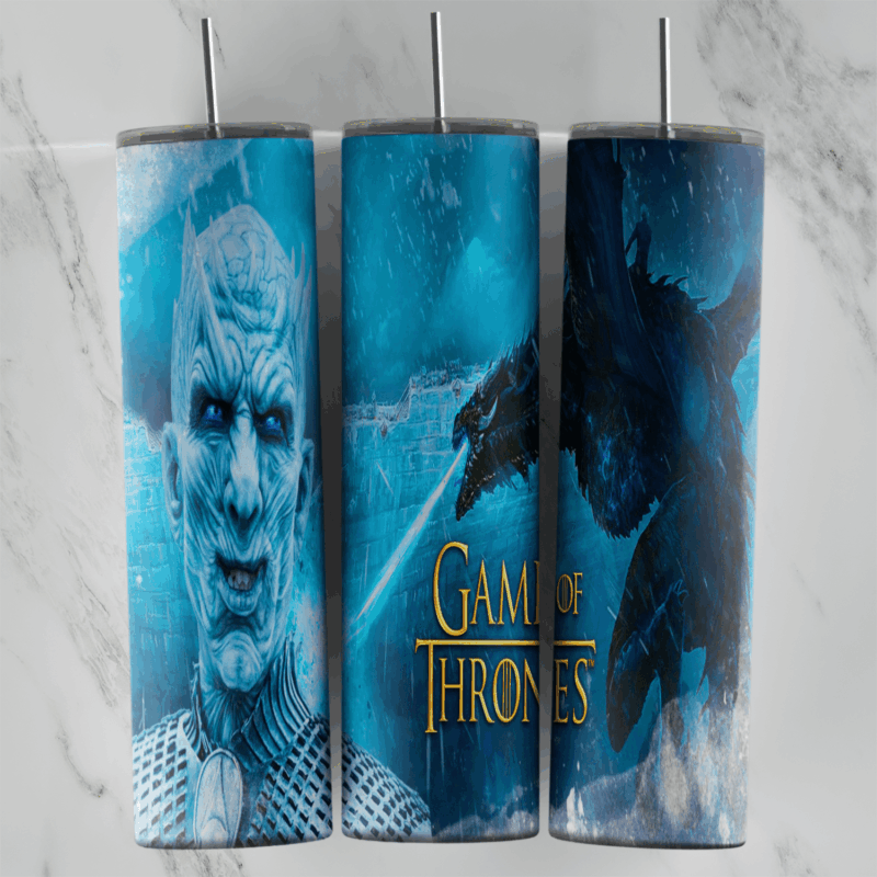 A 20 oz skinny tumbler wrap in icy blue tones: the Night King’s face, an ice dragon breathing blue fire and the Game of Thrones. Sublimation design