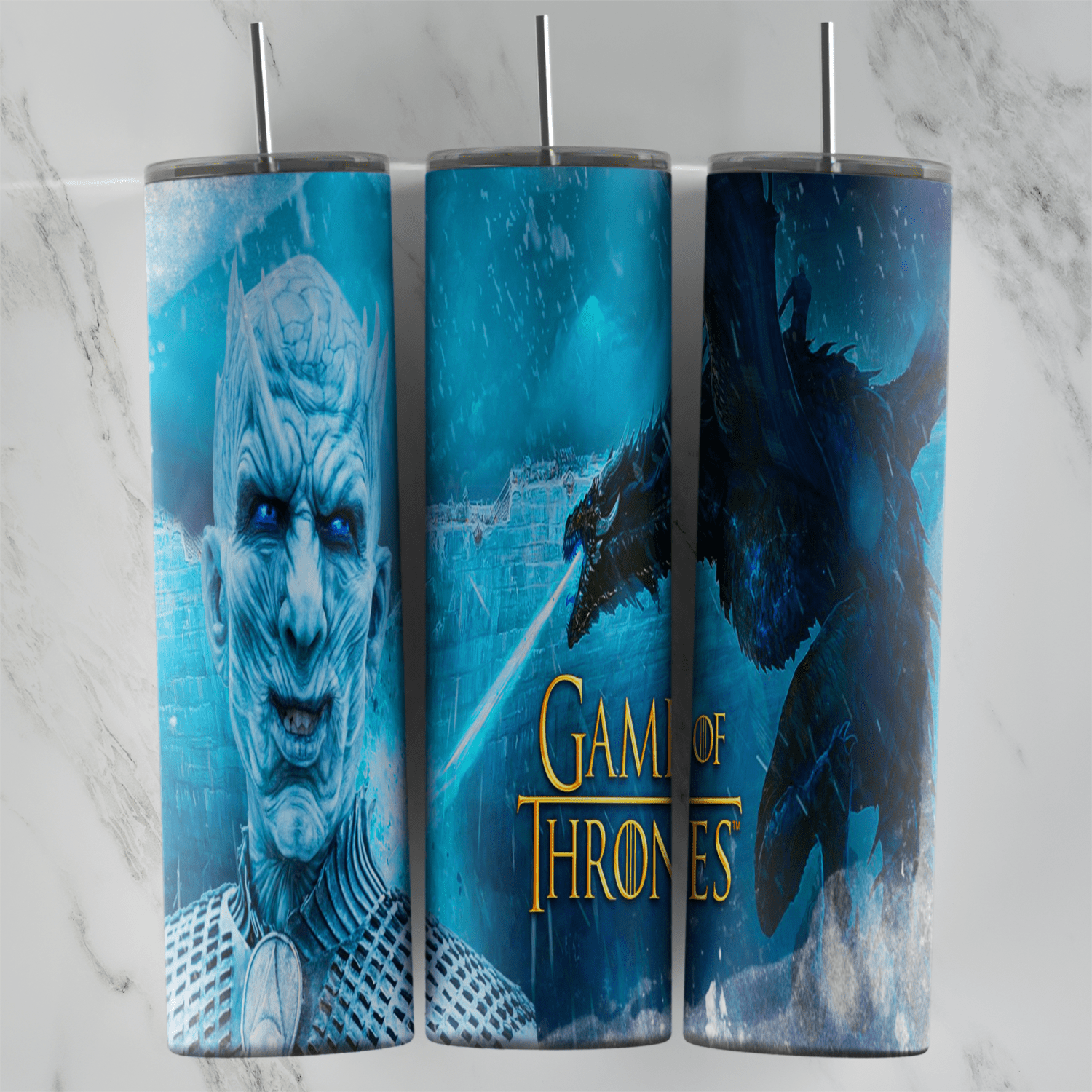 A 20 oz skinny tumbler wrap in icy blue tones: the Night King’s face, an ice dragon breathing blue fire and the Game of Thrones. Sublimation design