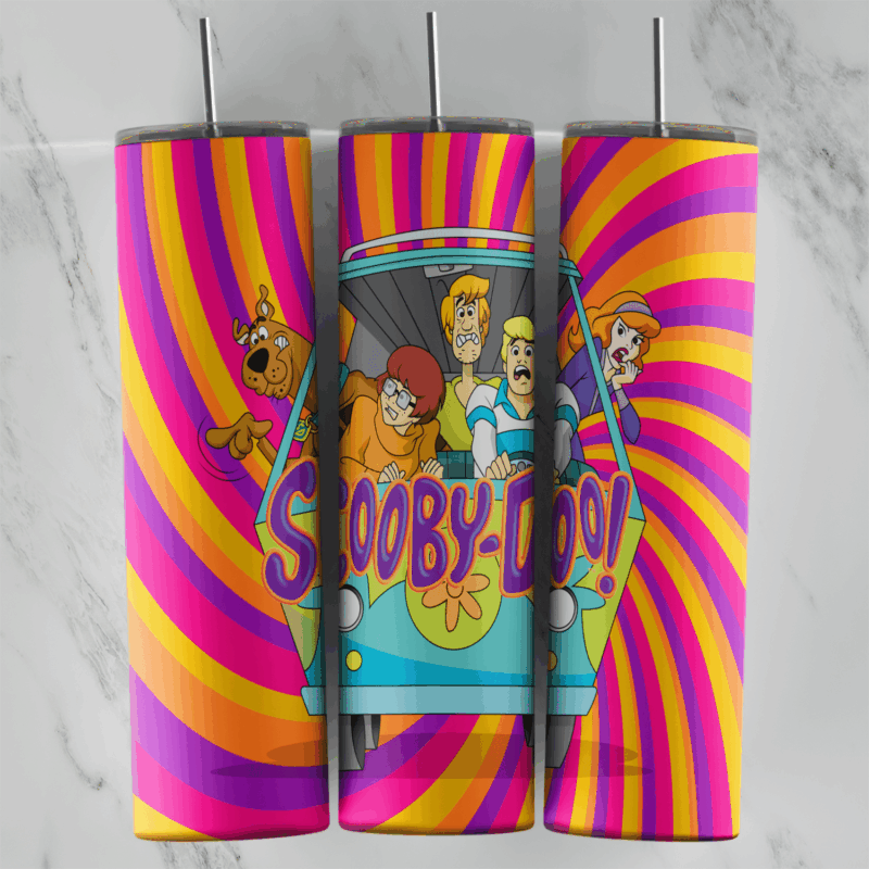 A 20 oz skinny tumbler wrap with the gang riding in the Mystery Machine and Scooby-Doo lettering over a pink, orange and purple. Sublimation design