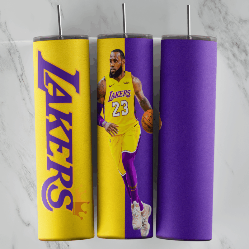 A purple and gold Lakers tumbler wrap with the Lakers wordmark on yellow and LeBron James dribbling in his number 23 jersey. Sublimation design