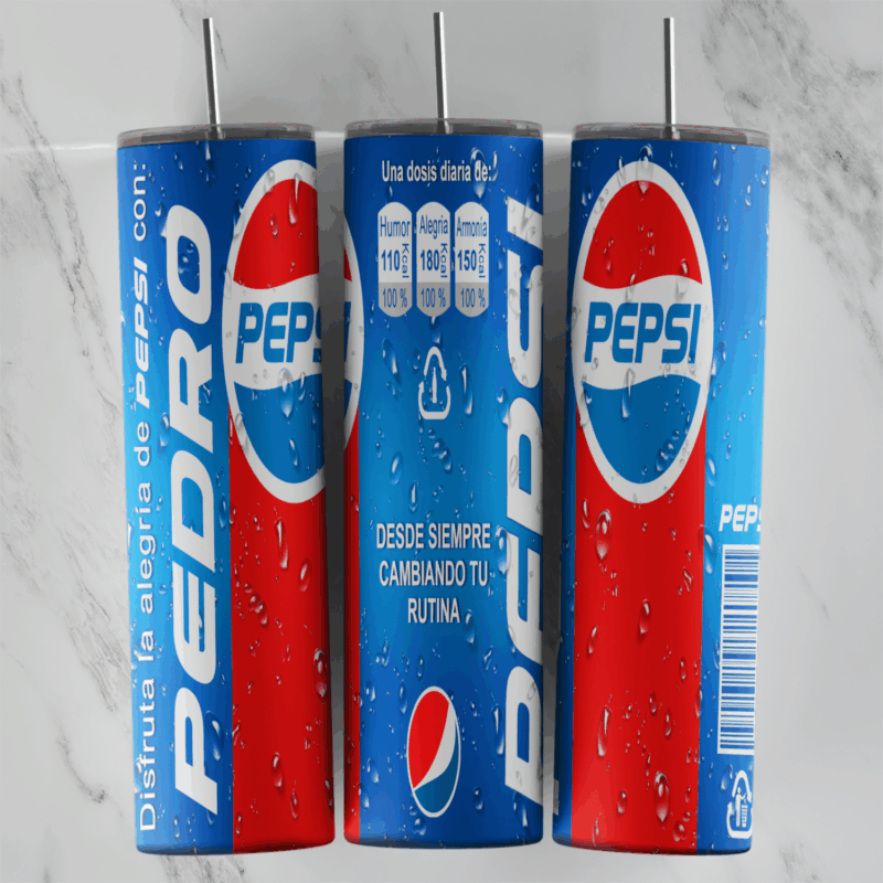 A personalised Pepsi can tumbler wrap in blue and red with the Pepsi logo, the name Pedro and Spanish label text with nutrition. Sublimation design
