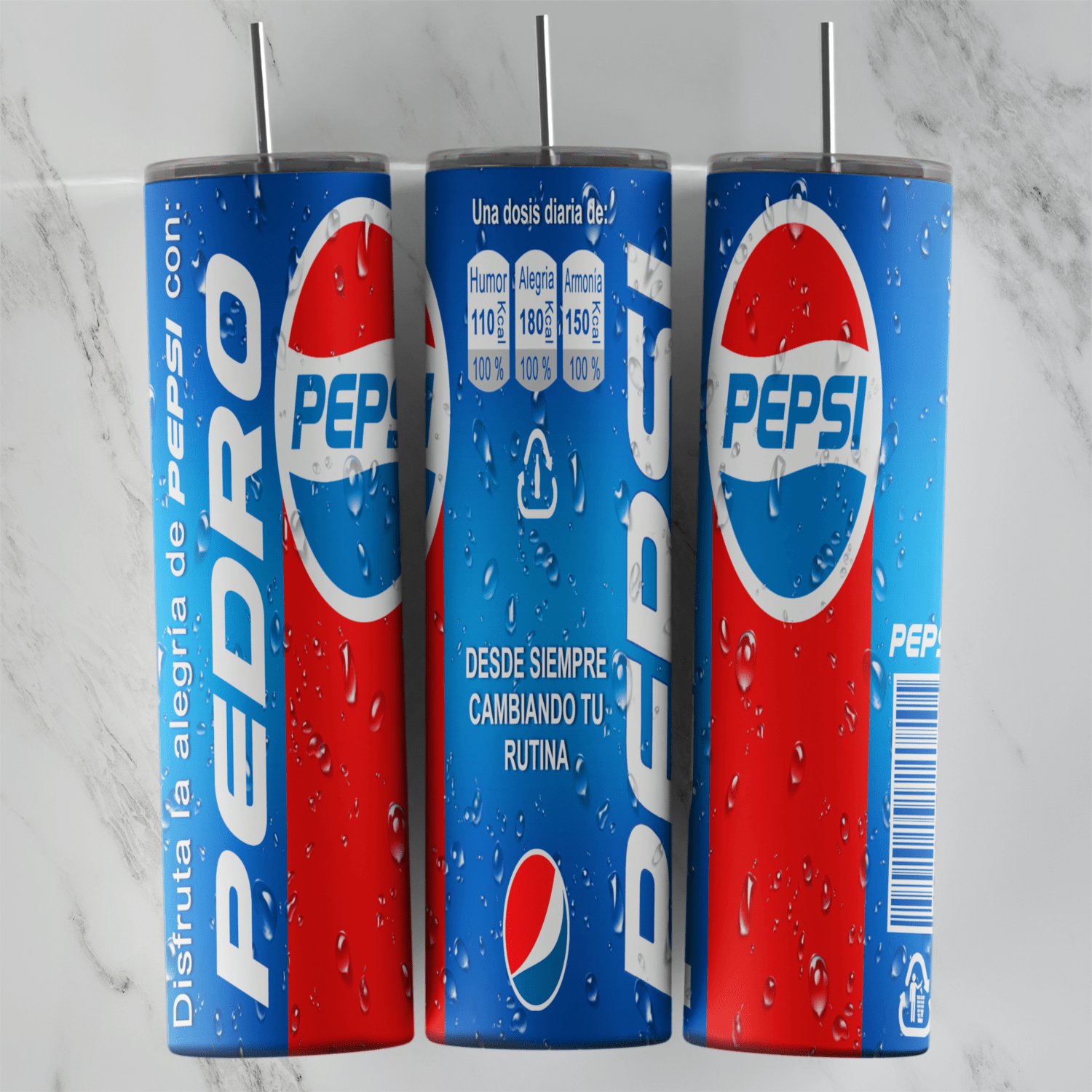 A personalised Pepsi can tumbler wrap in blue and red with the Pepsi logo, the name Pedro and Spanish label text with nutrition. Sublimation design