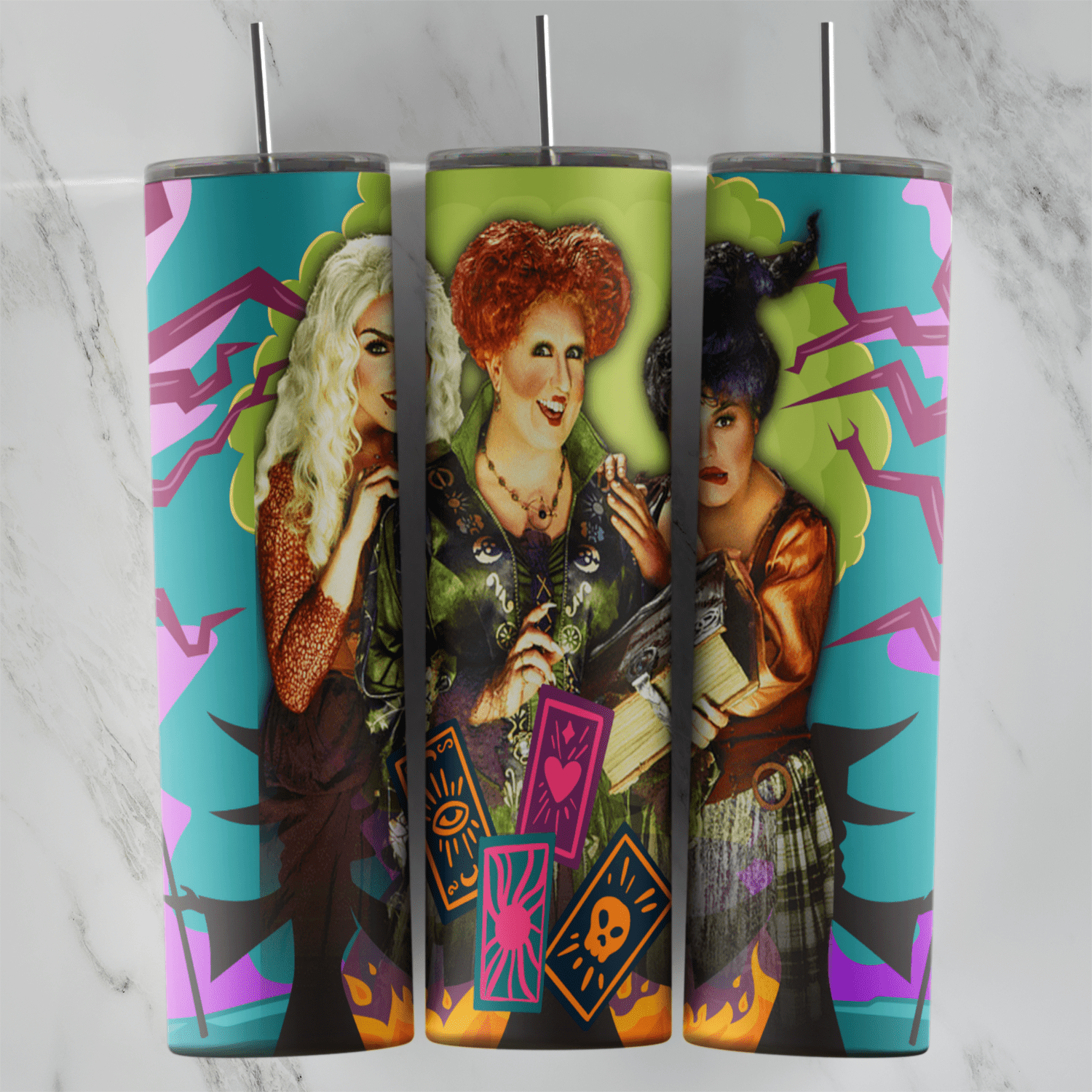 A 20 oz skinny tumbler wrap with the Sanderson sisters holding tarot cards on a bright teal and pink background with purple. Sublimation design
