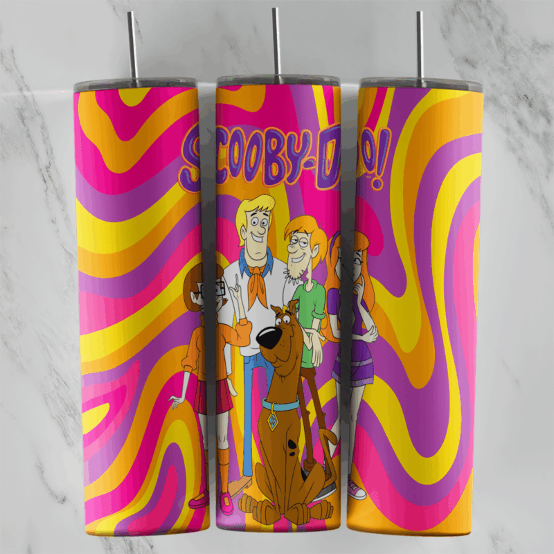 A 20 oz skinny tumbler wrap with Scooby-Doo, Shaggy, Fred and Velma under Scooby-Doo lettering on pink, yellow and purple. Sublimation design