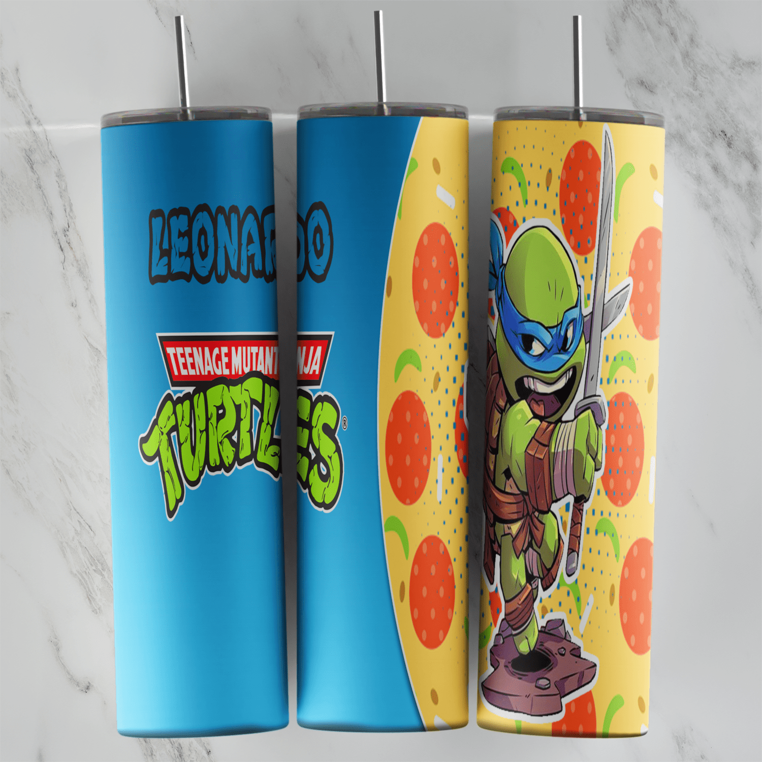 A 20 oz skinny tumbler wrap with Leonardo lettering and the Teenage Mutant Ninja Turtles logo on blue, and a chibi Leonardo. Sublimation design