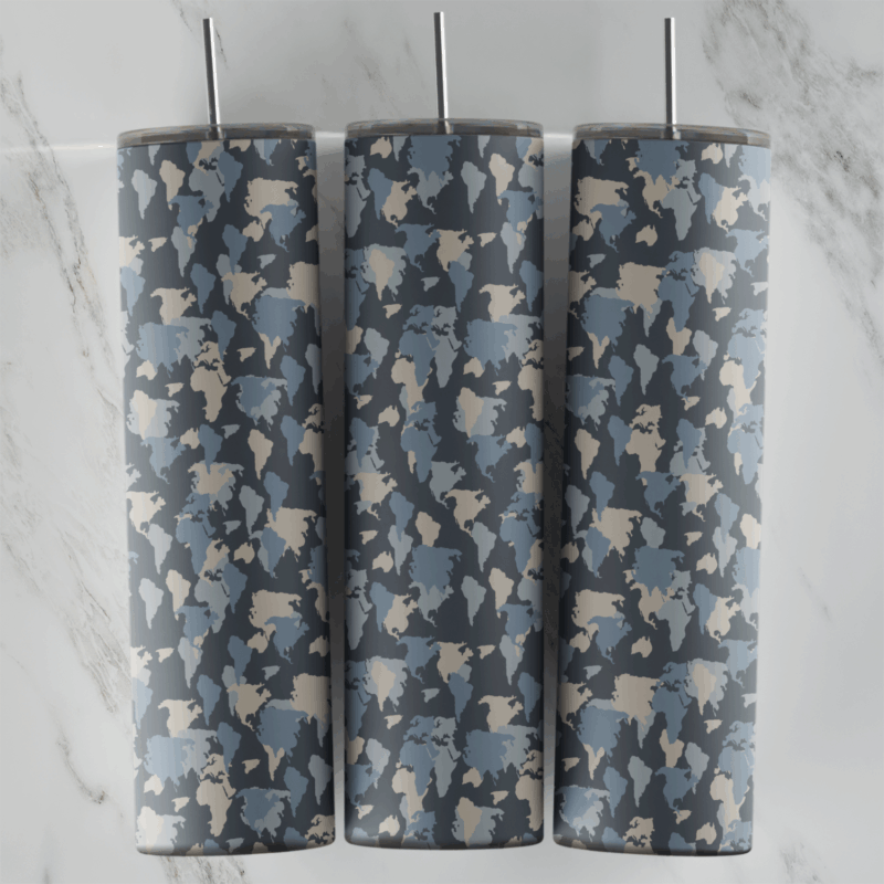 A gray blue urban camo tumbler wrap with scattered small patches of slate, charcoal, beige and light gray in a dense camouflage. Sublimation design