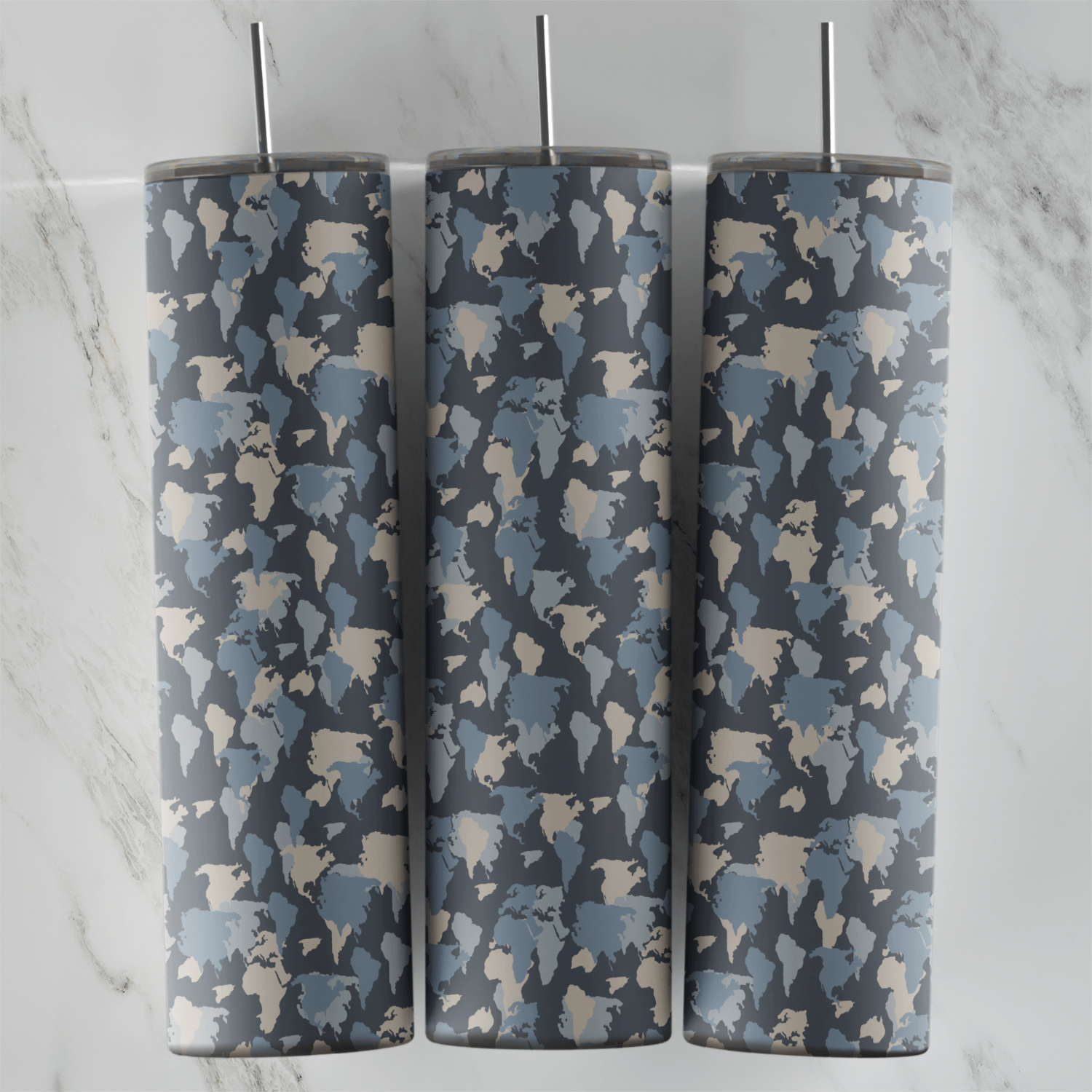 A gray blue urban camo tumbler wrap with scattered small patches of slate, charcoal, beige and light gray in a dense camouflage. Sublimation design