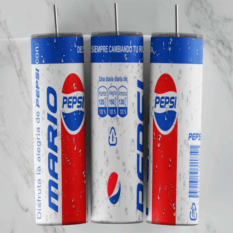 A personalised Pepsi can tumbler wrap in white, red and blue with the Pepsi logo, the name Mario and Spanish label text. Sublimation design