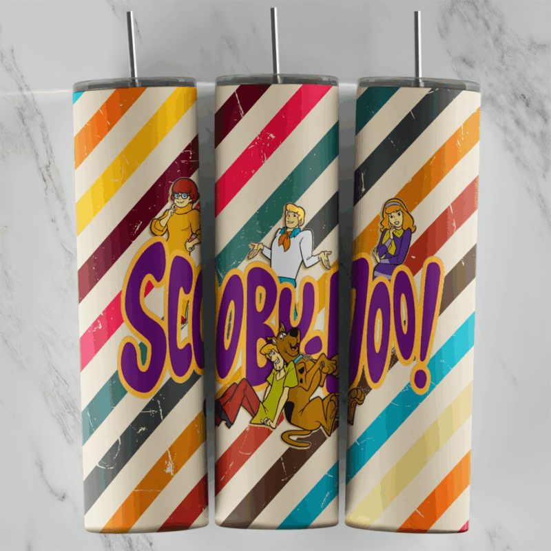 A 20 oz skinny tumbler wrap with purple Scooby-Doo lettering and the gang over diagonal retro stripes in red, teal, orange. Sublimation design