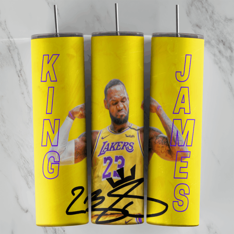 A yellow tumbler wrap with LeBron James flexing in his Lakers number 23 jersey, KING and JAMES lettering down the sides. Sublimation design