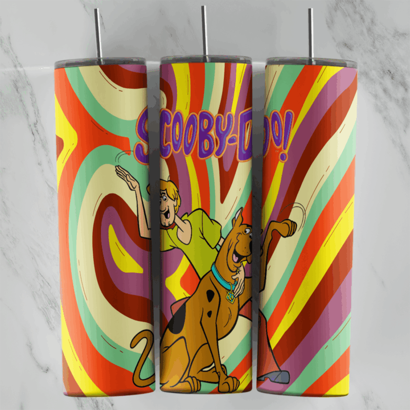 A 20 oz skinny tumbler wrap with Shaggy and Scooby-Doo dancing under Scooby-Doo lettering on a groovy red, teal, yellow. Sublimation design
