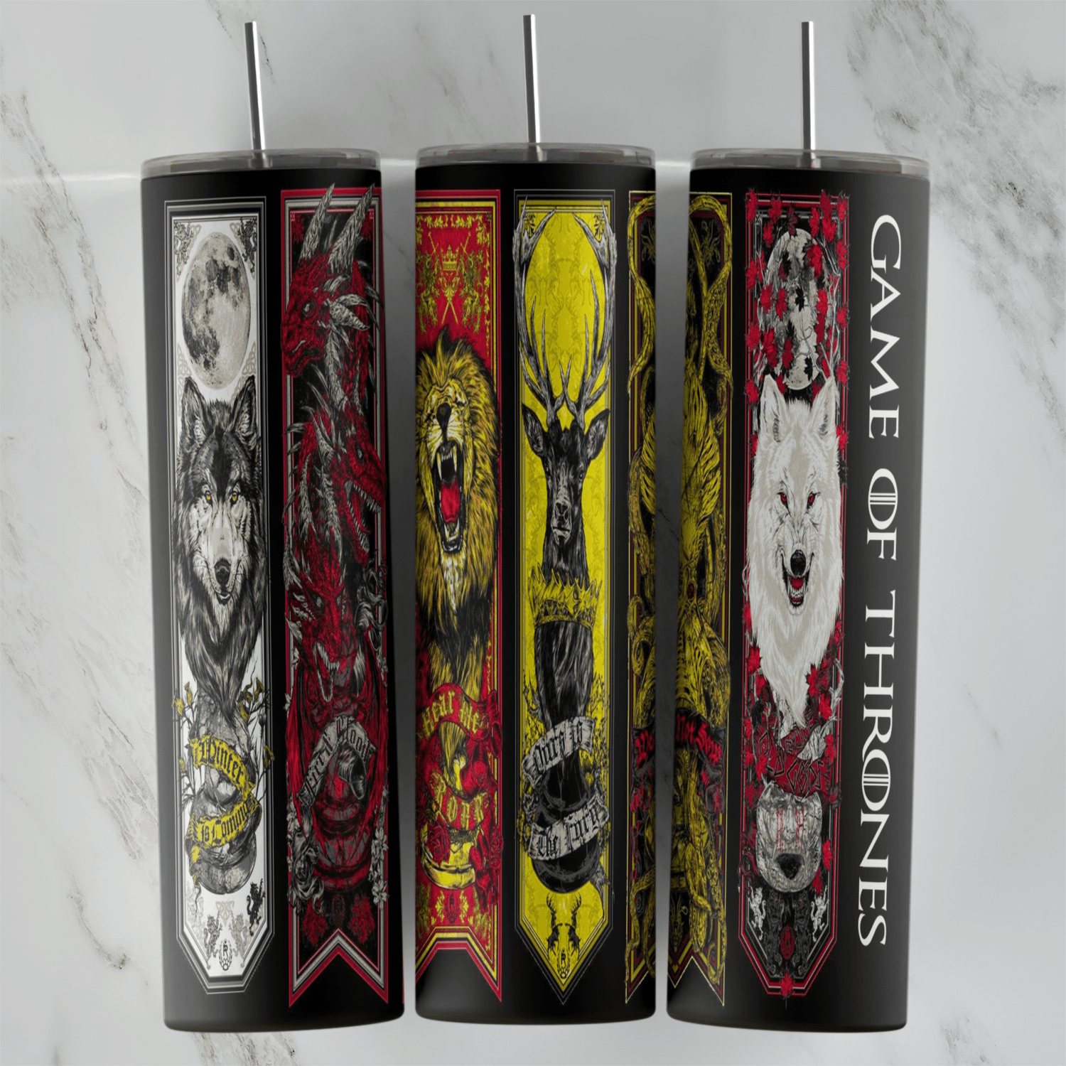 A 20 oz skinny tumbler wrap with house sigil banners on black: a direwolf, a dragon, a lion, a stag and a white wolf, plus. Sublimation design