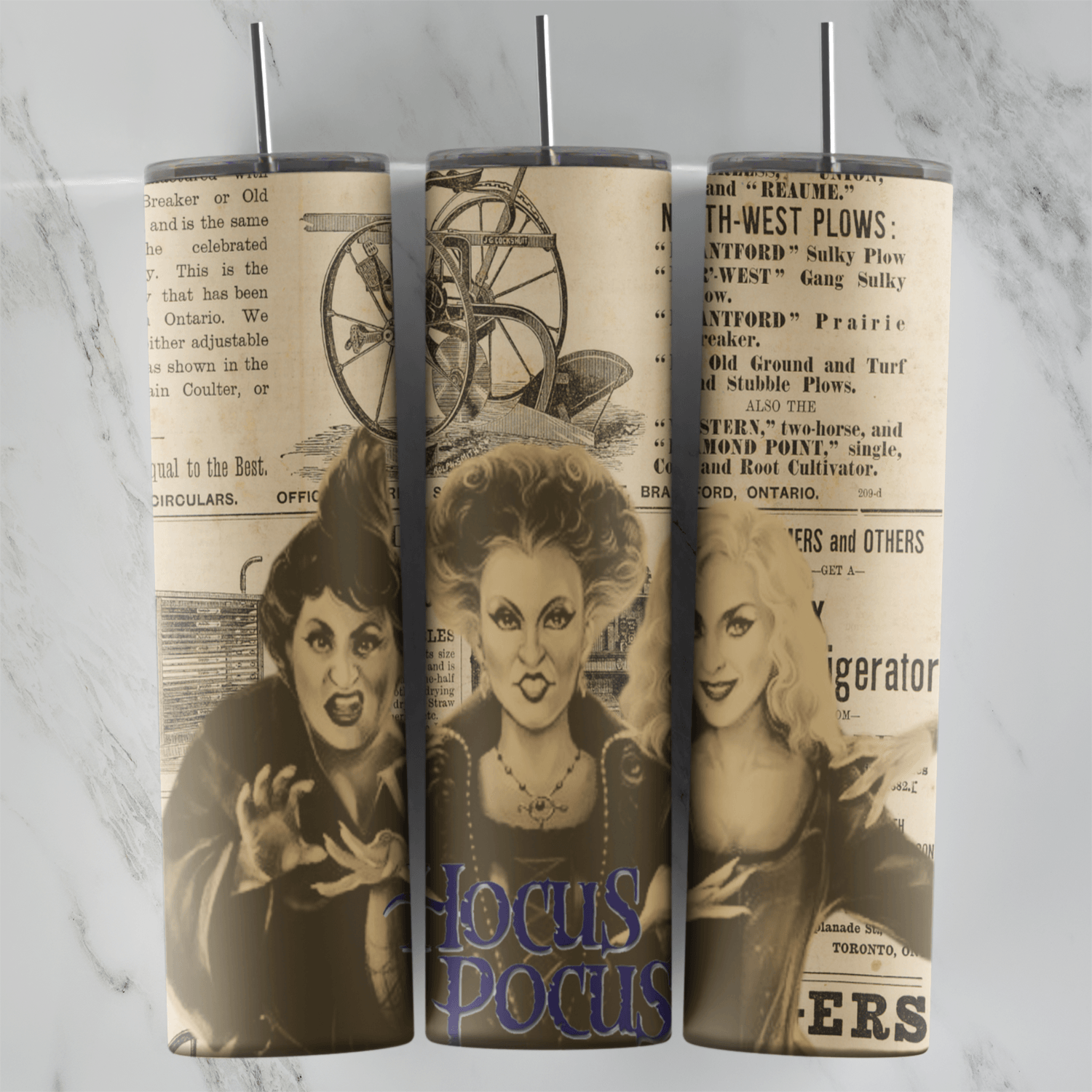 A 20 oz skinny tumbler wrap with sepia portraits of the Sanderson sisters and Hocus Pocus lettering over vintage newspaper print. Sublimation design