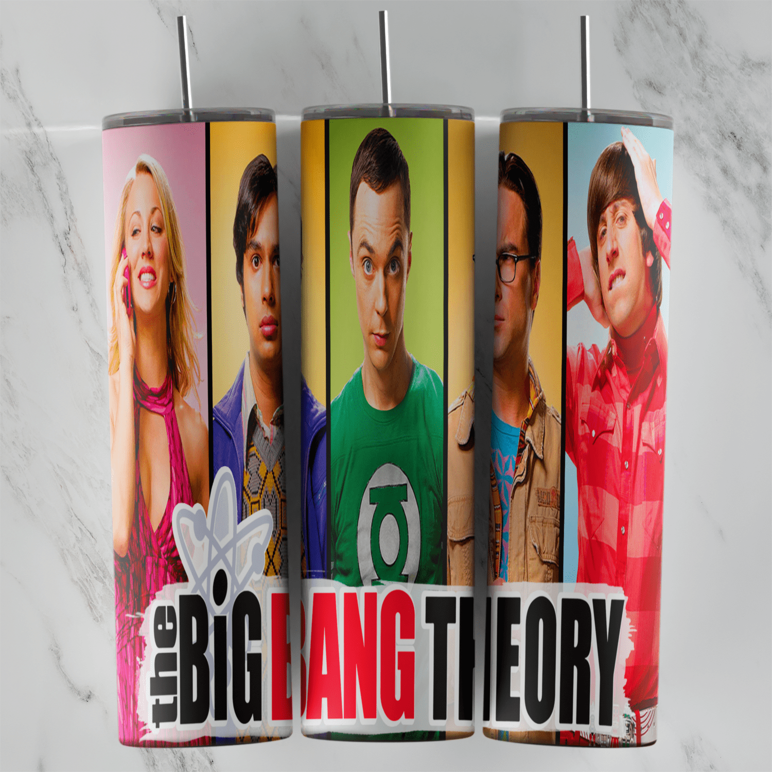 A full 20 oz skinny tumbler wrap with The Big Bang Theory cast in pink, yellow, green, orange and red panels above the show’s. Sublimation design