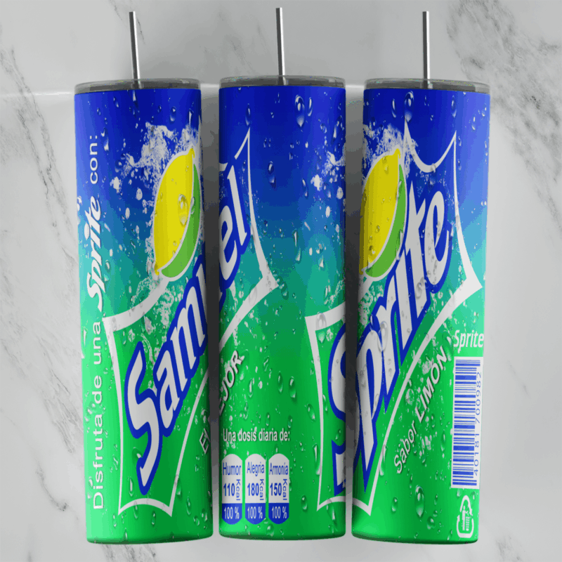 A full 20 oz skinny tumbler wrap styled as a Spanish language Sprite can: a blue to green gradient with a lemon, water drops. Sublimation design
