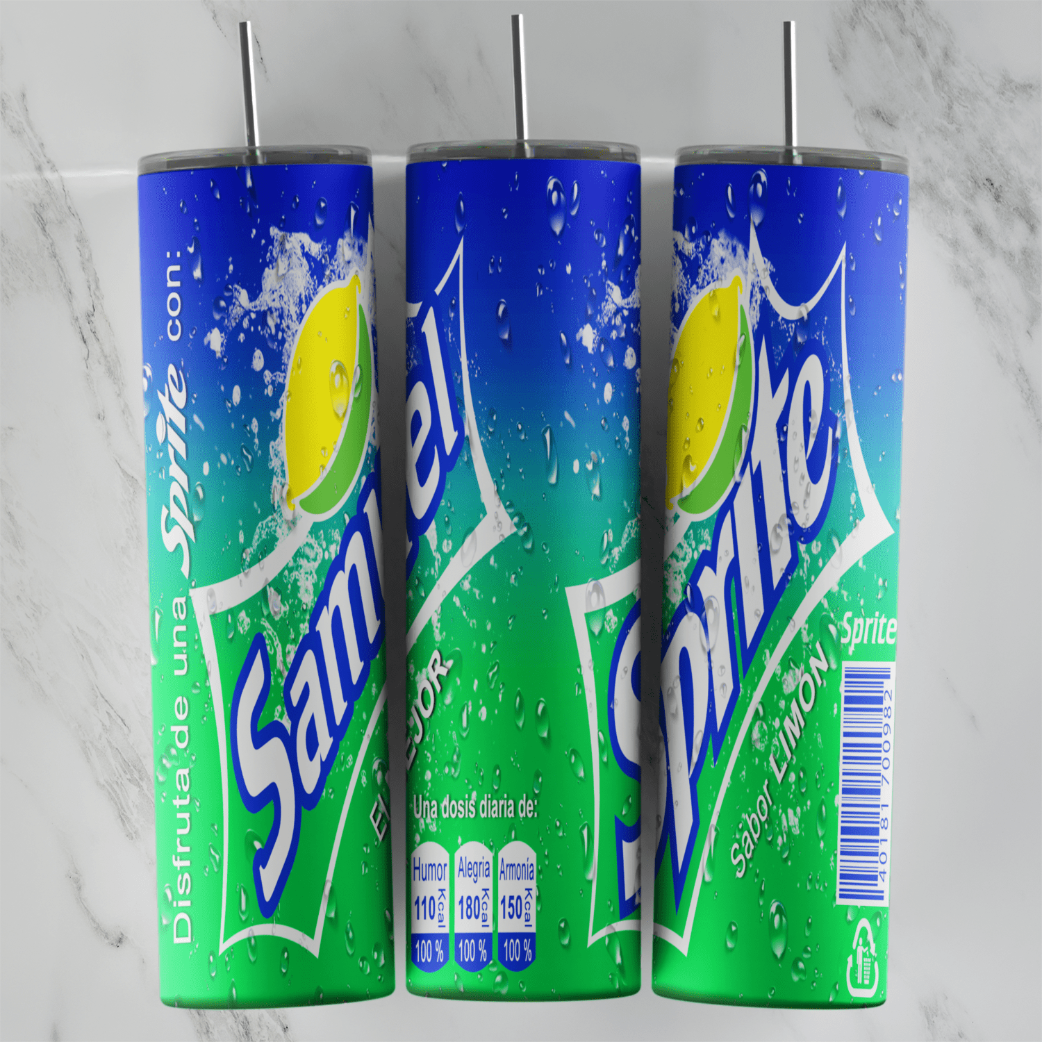 A full 20 oz skinny tumbler wrap styled as a Spanish language Sprite can: a blue to green gradient with a lemon, water drops. Sublimation design