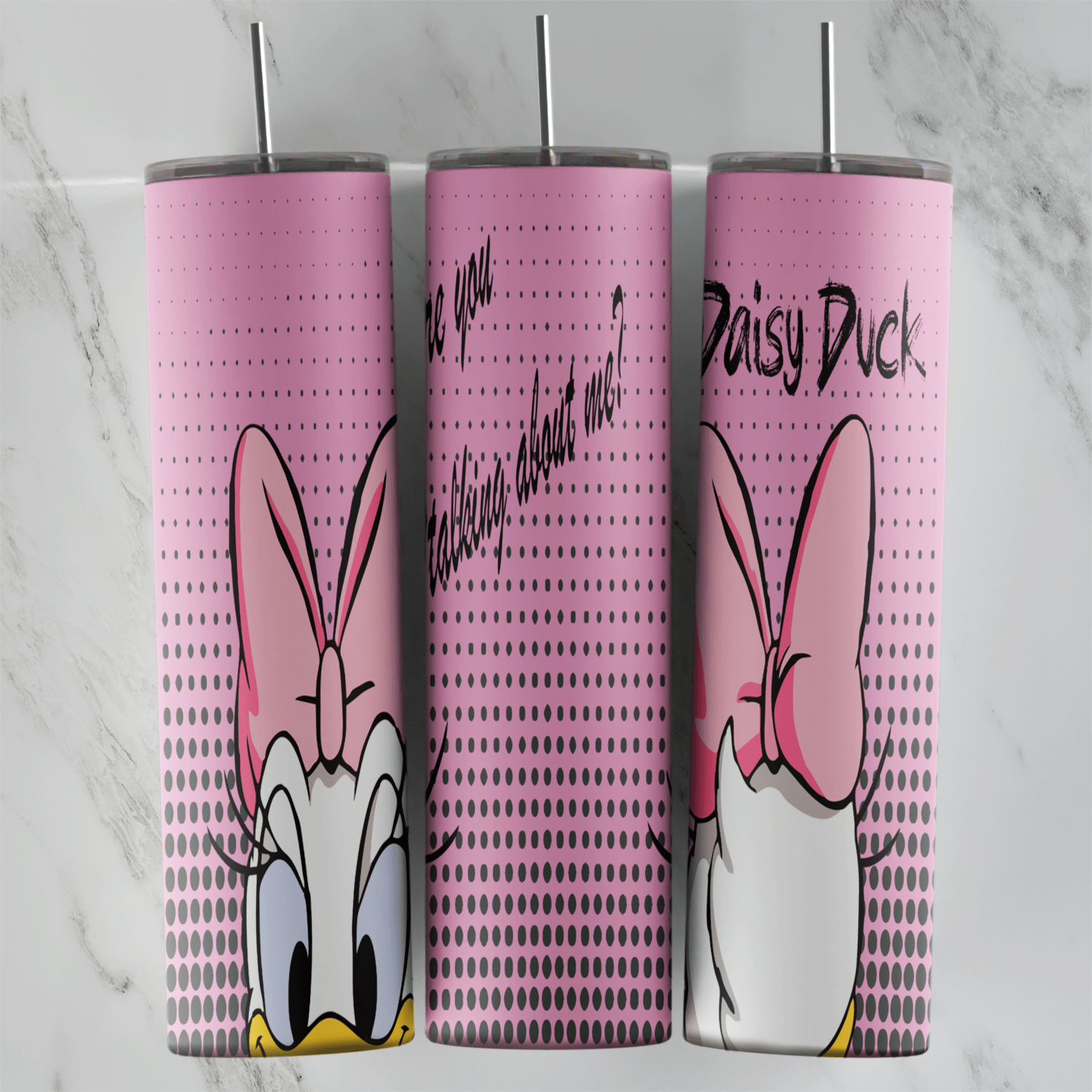 A full 20 oz skinny tumbler wrap in pink halftone with Daisy Duck peeking up from the bottom, her pink bow, Daisy Duck script. Sublimation design