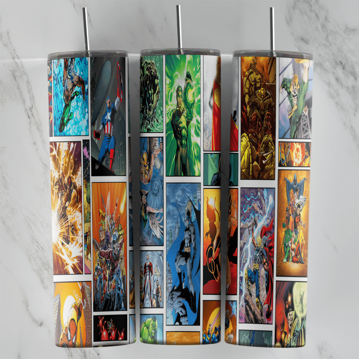 A 20 oz skinny tumbler wrap covered in full color comic book panels with Marvel heroes in action, including Captain America. Sublimation design